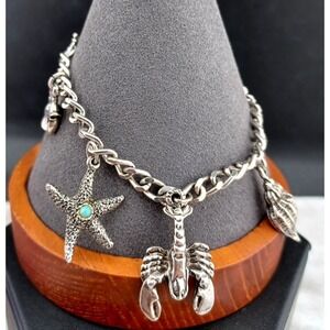 Beach Theme Charm Bracelet Starfish Lobster Nautical Silver Tone 7"